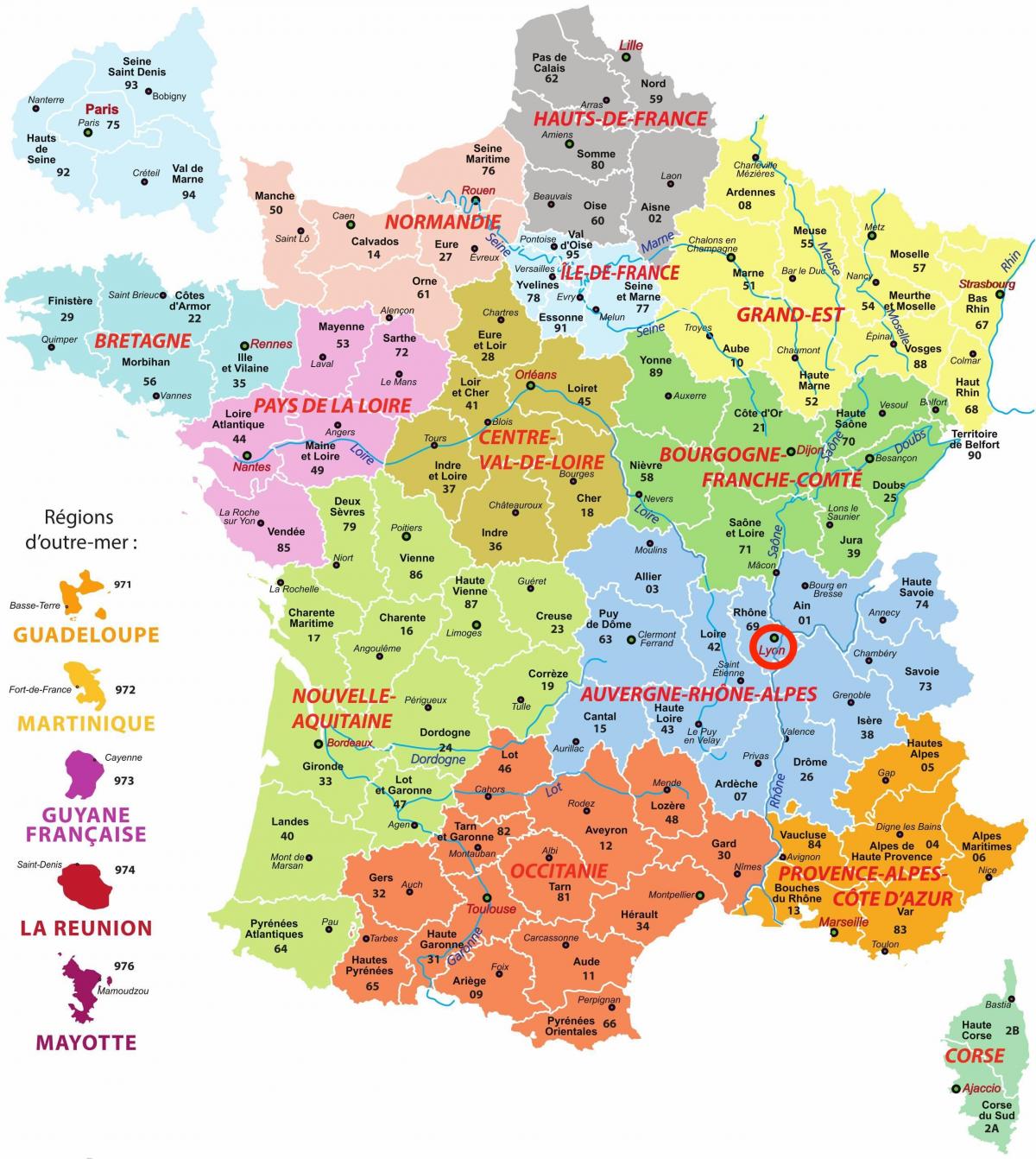 Lyon - Mapa Francji - Owernia - Rodan - Alpy